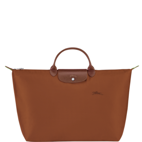 Sac de voyage en toile et cuir LONGCHAMP gamme Le Pliage Green couleur marron cognac