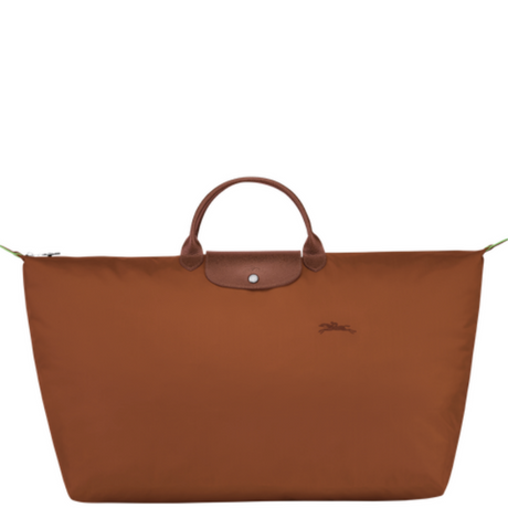 Grand sac de voyage en toile et cuir LONGCHAMP gamme Le Pliage Green couleur marron cognac