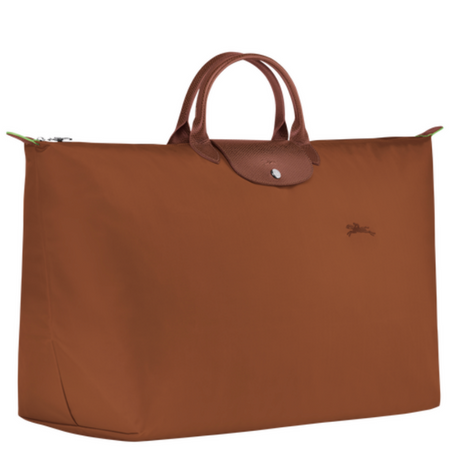 Grand sac de voyage en toile et cuir LONGCHAMP gamme Le Pliage Green couleur marron cognac