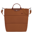 Sac de voyage extensible en toile et cuir LONGCHAMP gamme Le Pliage Green couleur marron cognac