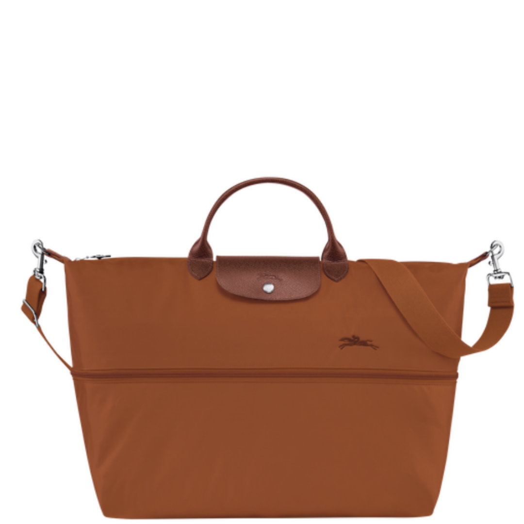 Sac de voyage extensible en toile et cuir LONGCHAMP gamme Le Pliage Green couleur marron cognac