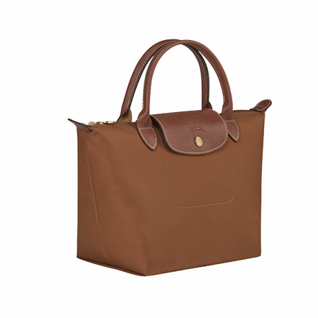 Petit sac à main en toile et cuir LONGCHAMP gamme Le Pliage Original couleur marron cognac