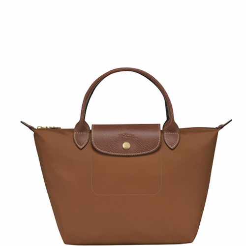 Petit sac à main en toile et cuir LONGCHAMP gamme Le Pliage Original couleur marron cognac