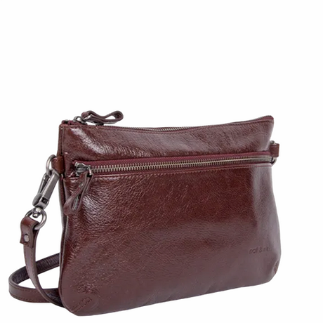 Pochette en cuir glacé avec bandoulière amovible Vicky NAT & NIN couleur marron châtaigne